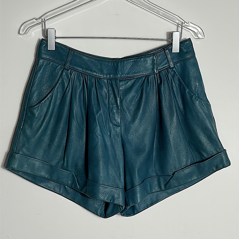 DVF teal leather shorts size 2